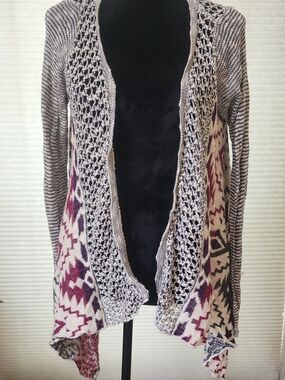 Vanilla Star Open-Front Aztec Cardigan in Cream & Purple